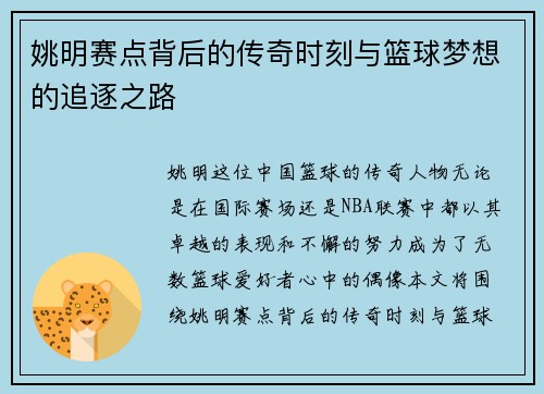 姚明赛点背后的传奇时刻与篮球梦想的追逐之路
